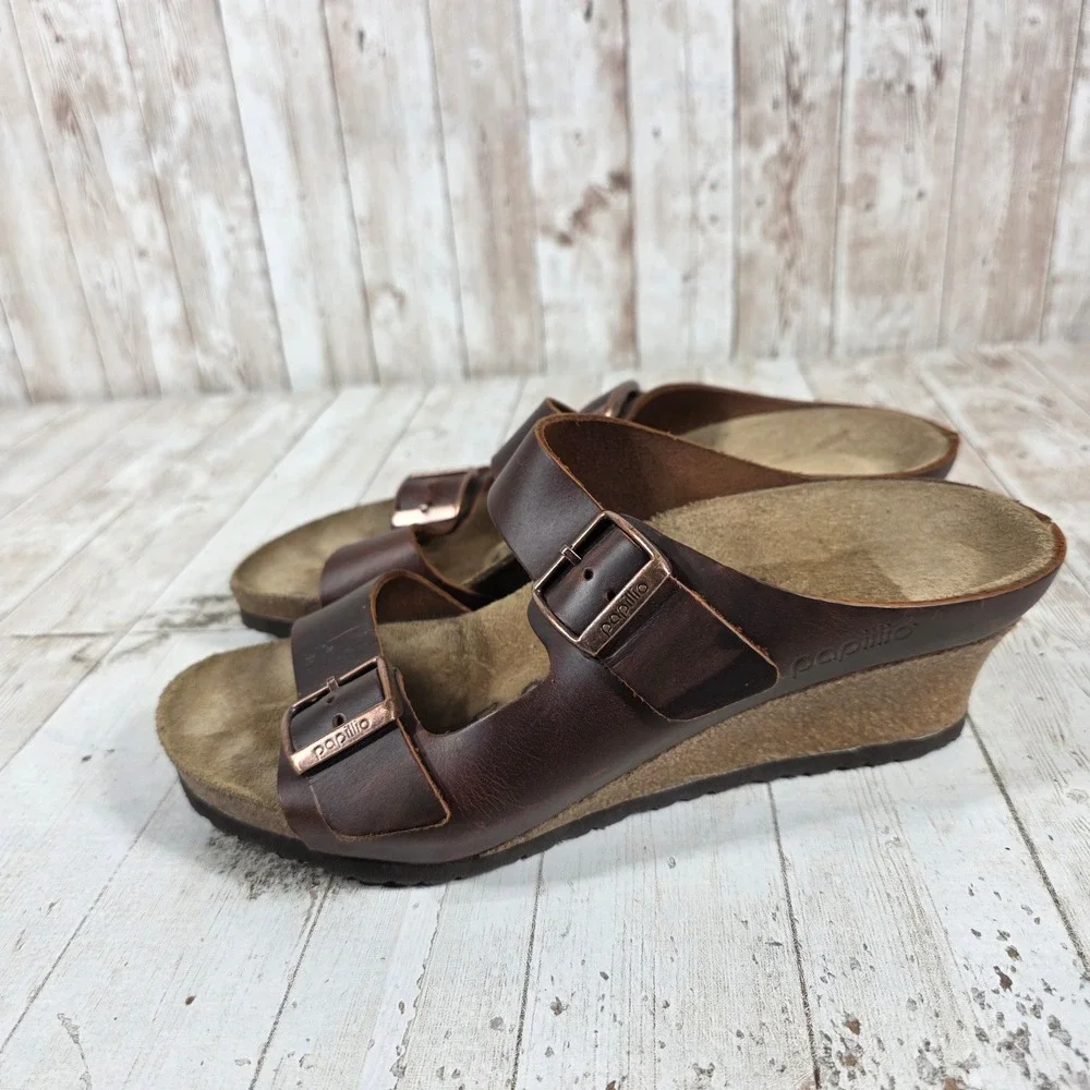 Papillio Birkenstock Lana Brown Leather Wedge Sandals Womens 38 L7 Buckle Slide